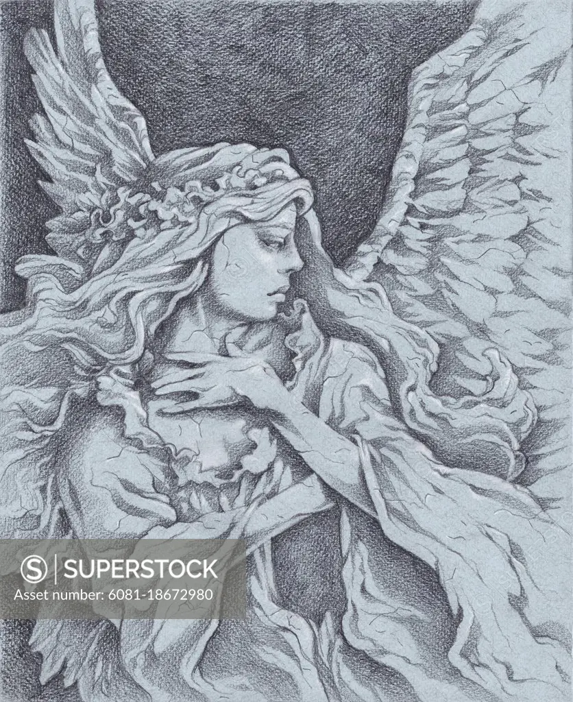 Stone angel in profile. Pencil drawing on colored pastel board. 