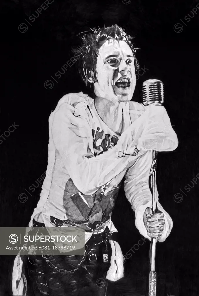Jonny Rotten singing at microphone, pencil drawing