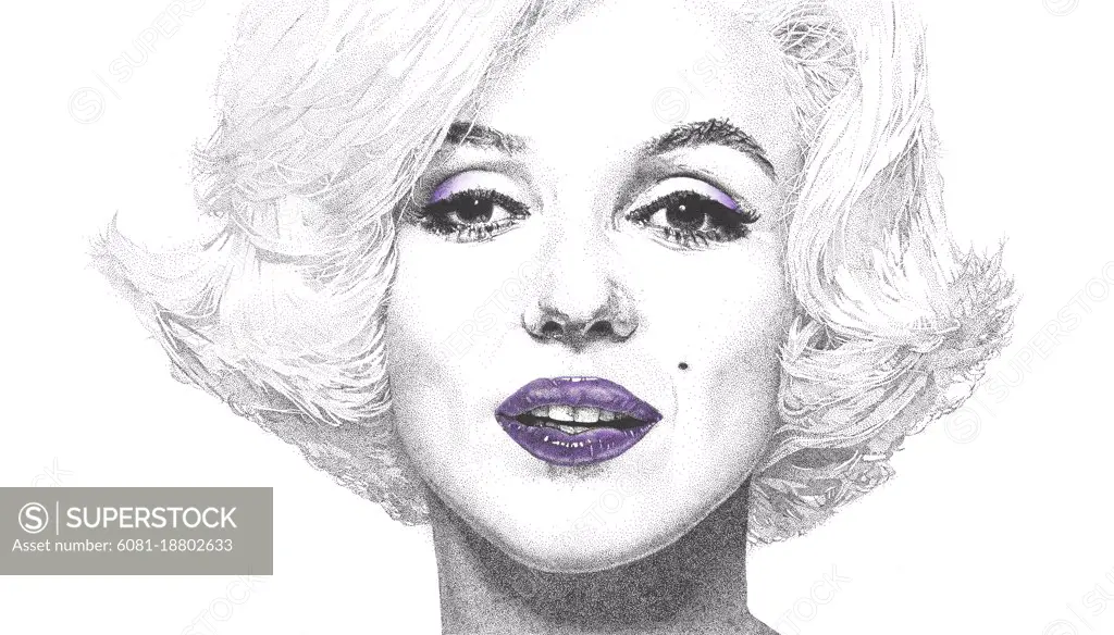Portrait drawing of Marylin Monroe. Pen and Ink Digital Coloring.