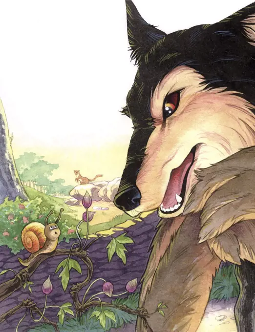 Wolf character looking at snail illustration. Watercolor and colored pencil. 