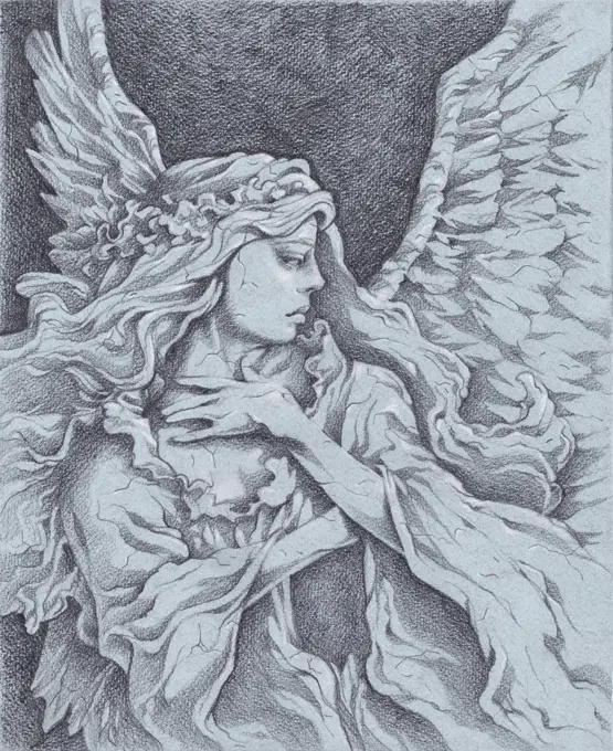 Stone angel in profile. Pencil drawing on colored pastel board. 