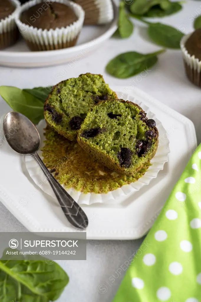 Spinach muffins. Healthy, vegan freshly baked green muffin