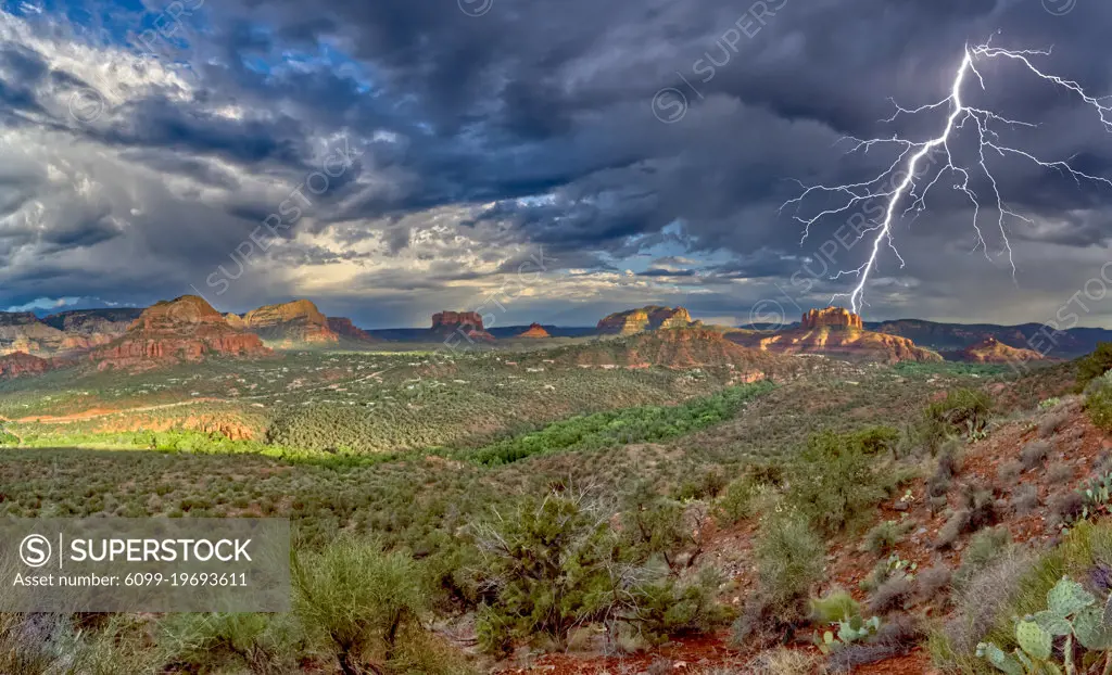 The Village of Oak Creek on the south side of Sedona Arizona viewed from the Airport Loop Trail during a late day storm.