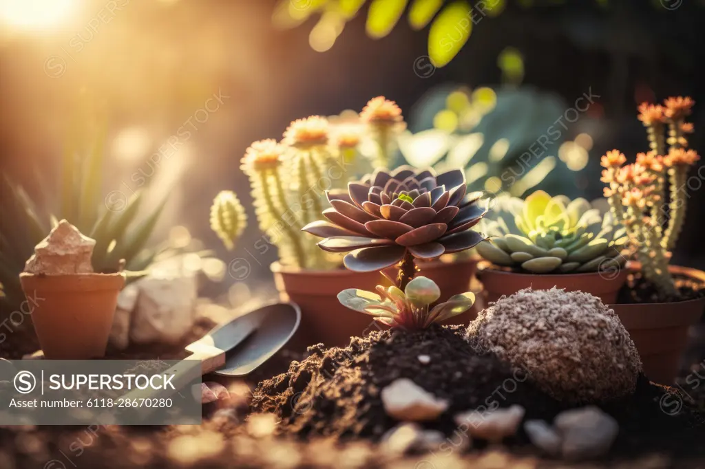 spring background, succulent plants, cactus, gardening concept, generative ai,
