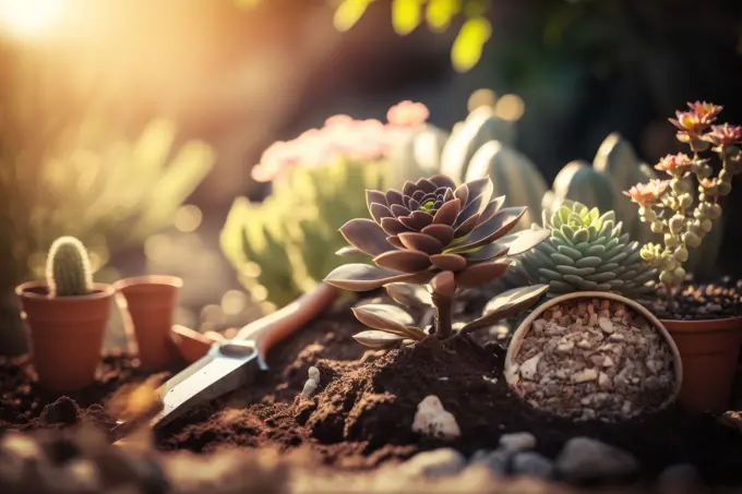 Gardening tools and earthenware pots on an earthen background. generative ai