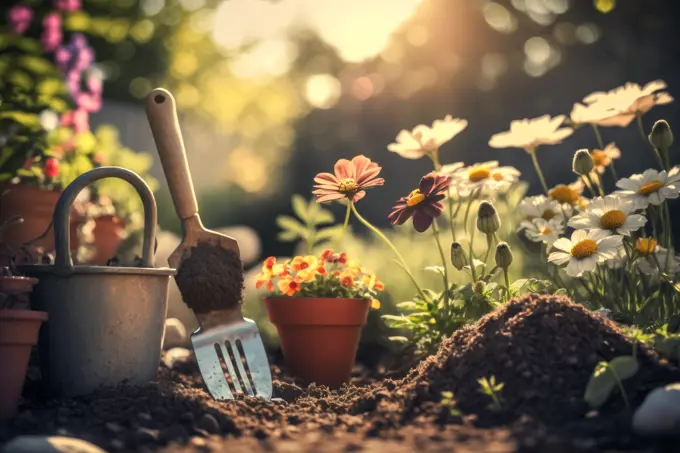 garden background,daisies,plants and tools, from gardening concept, generative ai,