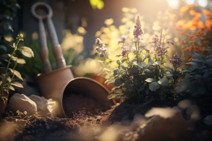 Floors with gardening tools, outdoor plants and flower pots generative ai