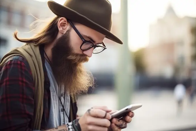 Handsome, old-fashioned hipster in shirt, chatting with smartphone in the city. AI Generative,