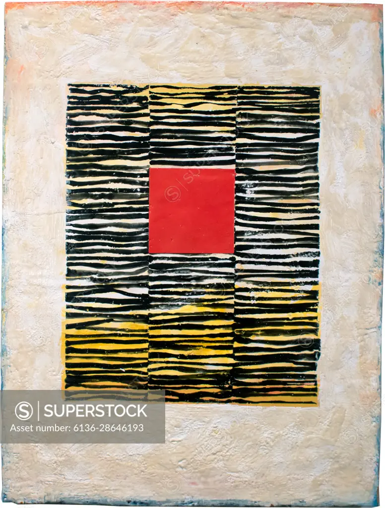 A red square is the center of attention in this abstract composition with black undulating lines surrounding.