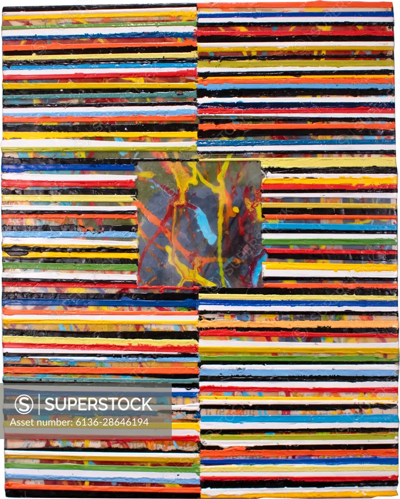 Various colored lines move across the surface of the encaustic and collage painting encompassing a square which is centered” in the middle of the composition. 