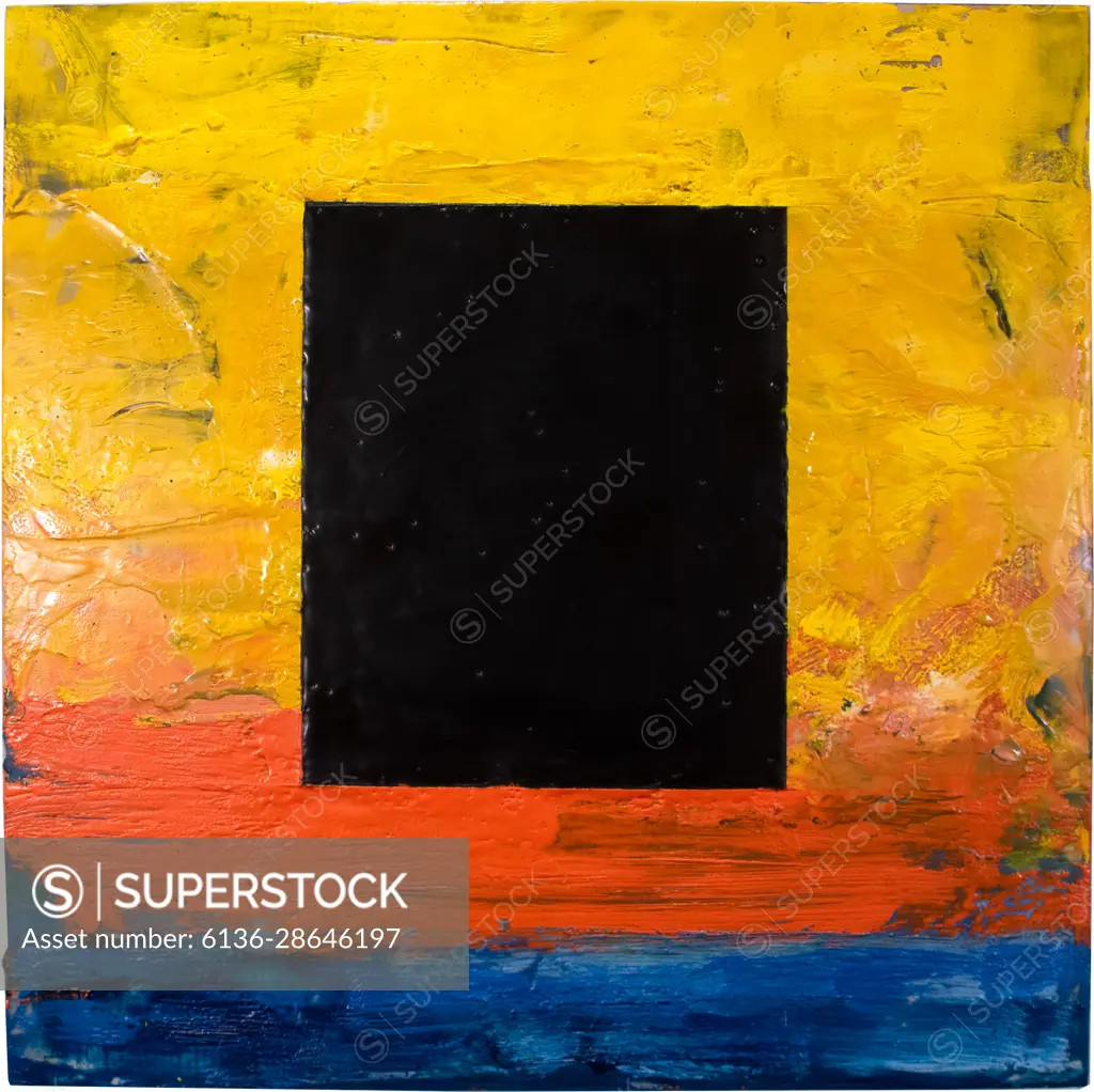 An painterly sky at sunset is interrupted by a dominating black rectangle that serves as a window into another universe.