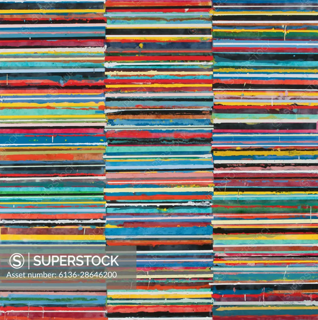 Colorful lines consisting of collage and encaustic connect with each other forming an abstract composition that expands the picture plane.