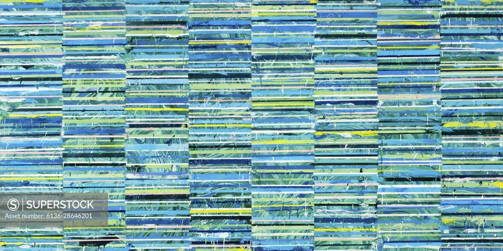 This diptych is an encaustic and collage painting made from a series of cut strips of paper that connect with each other, line by line, to make up a large composition.