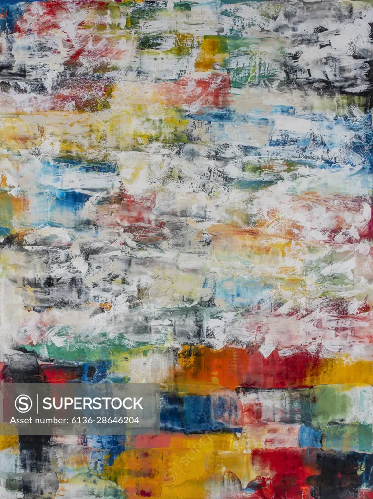 Expressionistic brush strokes and brilliant applications of paint gives the work visual excitement along with the white dust up” covering much of the surface.