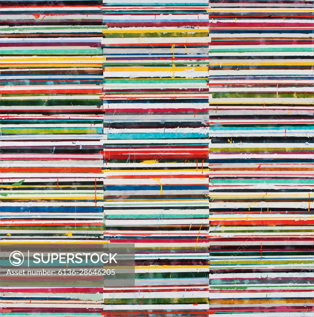 Bands of color are stacked in columns creating striking color combinations in an orderly composition.