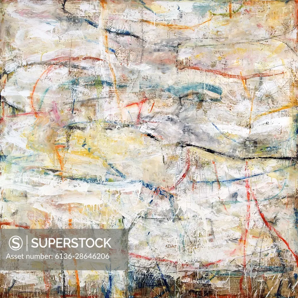 Abstract marks of color emerge from a white background, dancing around the surface of this painting in a lyrical, poetic way. 