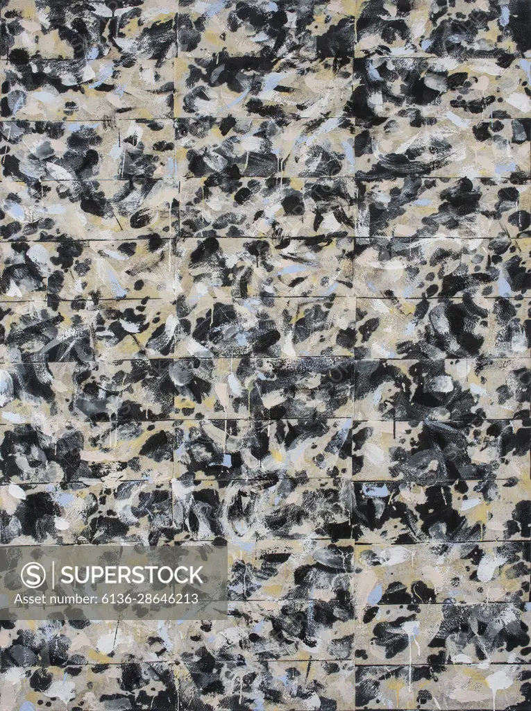 Black, white and other neutral tones consume this painting with interwoven marks that emerge and then dissolve giving the impression of fleeting moments within a dream. 