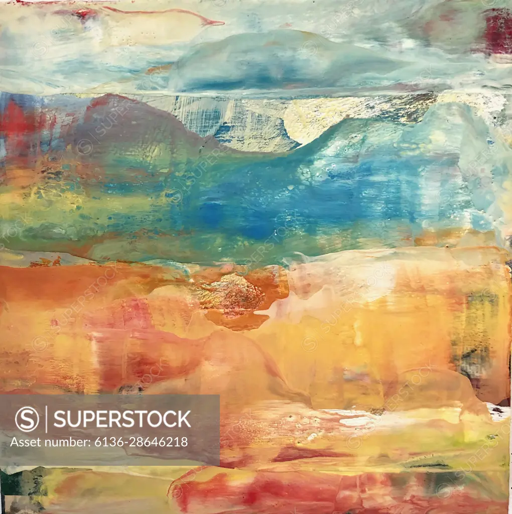 Layers of encaustic in various colors are rendered in such a way to evoke an image of an abstract landscape.