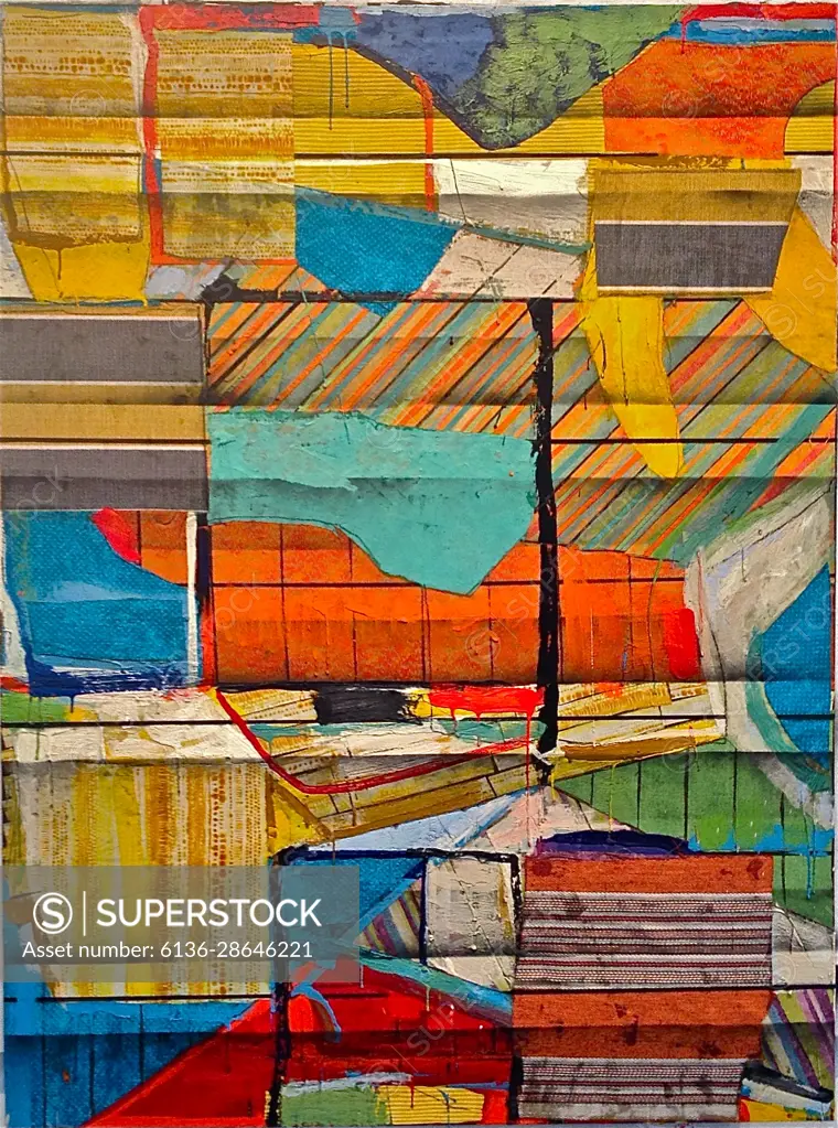 Fabric collage elements with various designs and patterns are woven into this abstract painting with spray enamel and encaustic applications.