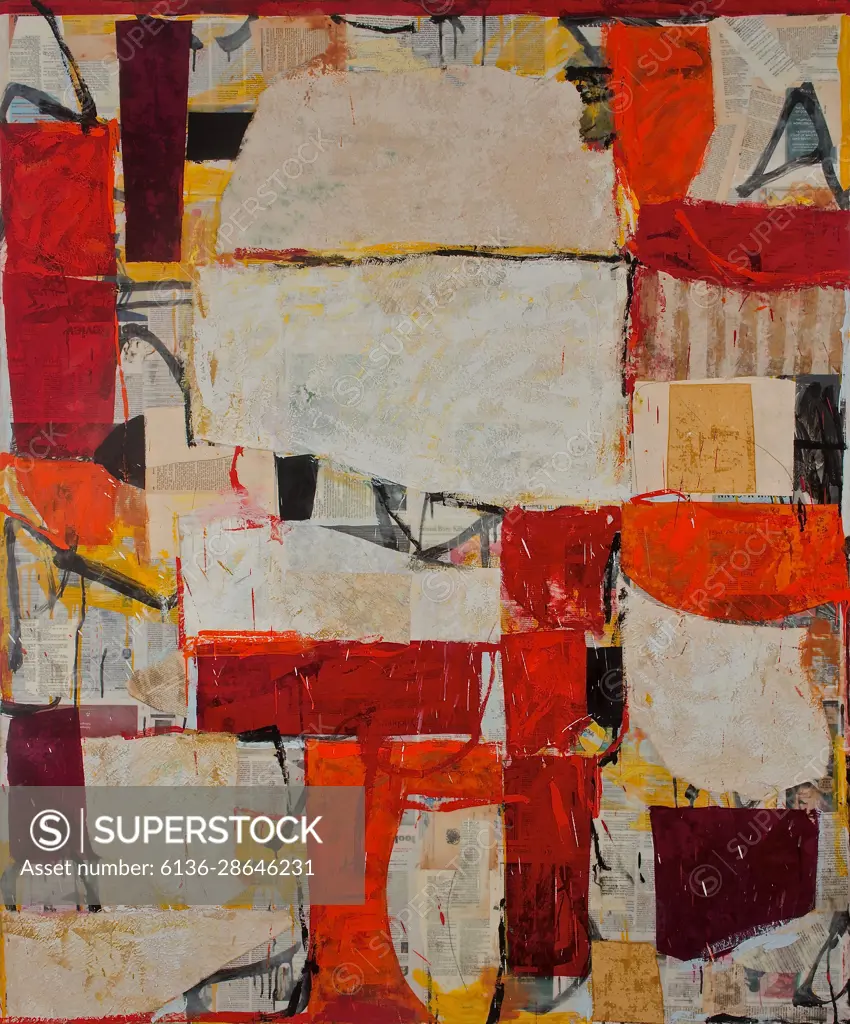 Bold shapes with strong colors and varied textures work together to make a this mixed media painting a formidable abstraction.
