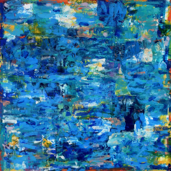 An encaustic painting executed in various shades of blue with expressionistic brushstrokes and collage adding texture and in intrigue.