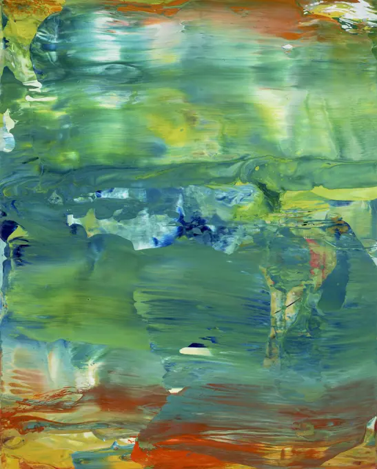 A waxy execution in colors of the blue/green sea with fluid brush strokes giving the work a very aquatic feel.