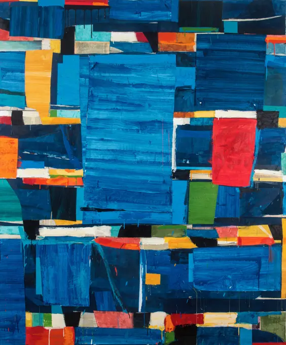 Blocks of color in acrylic paint on paper stack on top of each other in a random composition featuring various shades of blue with occasional pops of red, yellow and green. 