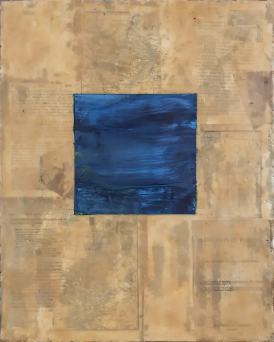 A blue square occupies the space at the center of this painting creating the perception of a space beyond the surface.