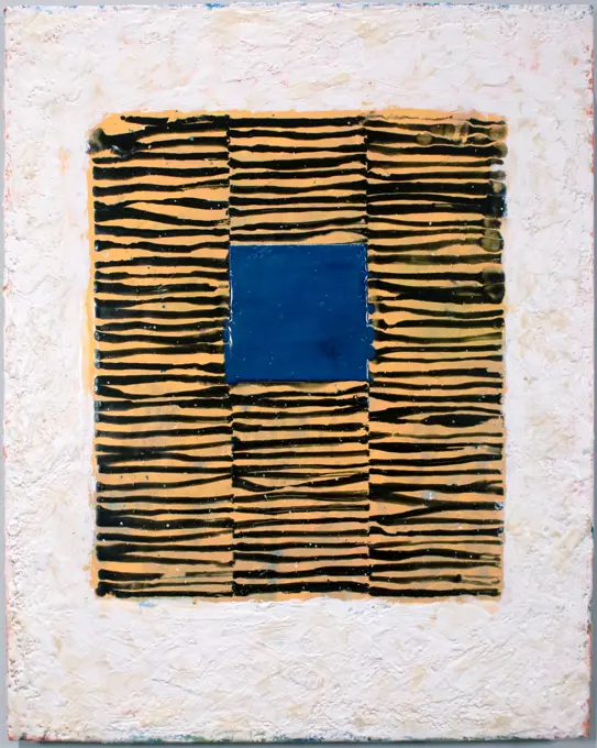 A brilliant blue square pops off the surface of this painting from a patterned background of horizontal lines.