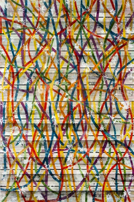 This abstract painting refers to rhythmic biological cycles that manifest themselves in  recurring intervals. Colorful undulating lines suggest movement with organic flowers floating across the surface.