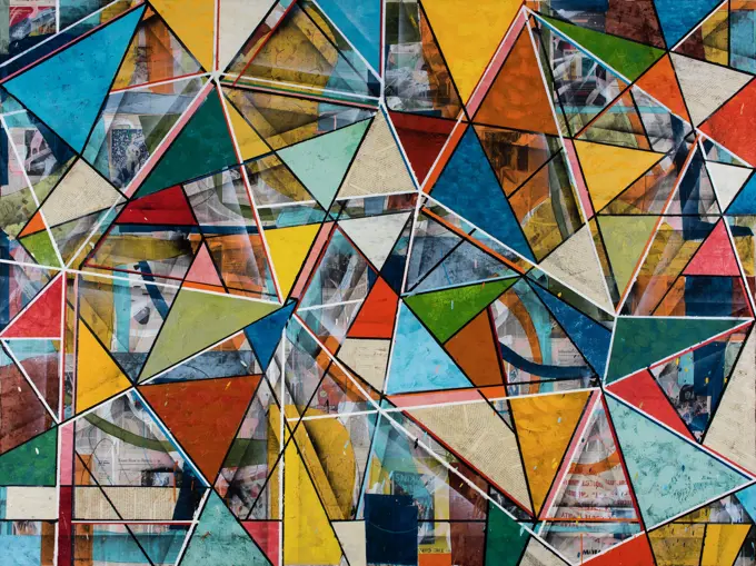 The hard edge imagery and precise line work in this painting creates fractured segments resembling shards of glass full of various colors and collage materials.  