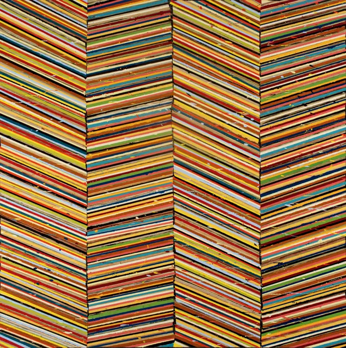 Lines in various colors are stacked against each other and move in formation creating angles that are visually delightful. 