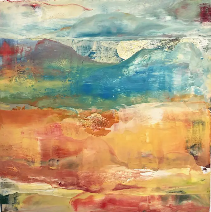Layers of encaustic in various colors are rendered in such a way to evoke an image of an abstract landscape.