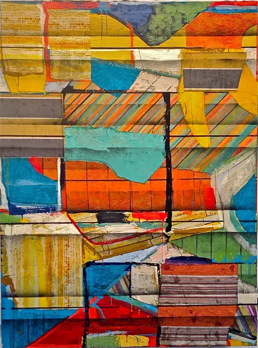Fabric collage elements with various designs and patterns are woven into this abstract painting with spray enamel and encaustic applications.