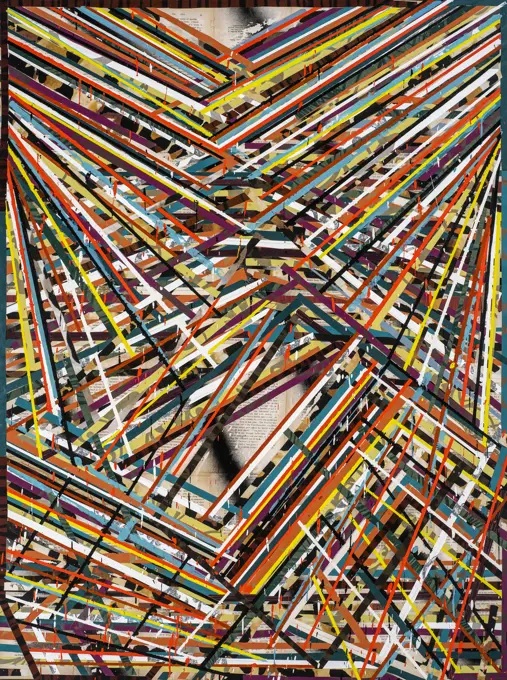 Multiple lines collide, mingle and intersect in rapid-fire sequences of bursting color in this abstract painting brimming with energy and movement.