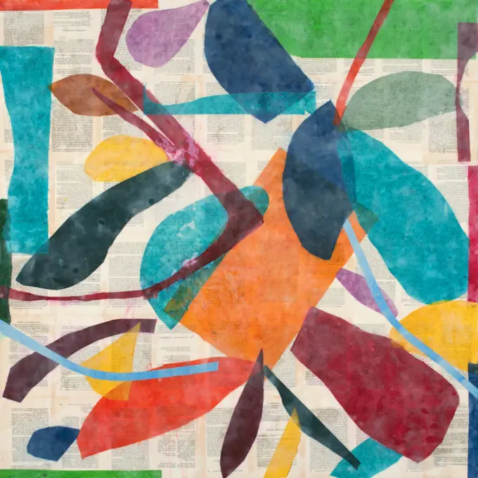 This painting is channelling Henri Matisse with colorful, cutout collage elements