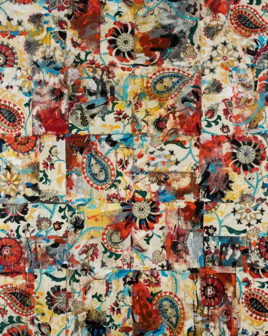 Mixed media painting with fabric collage in a swirling, floral motif dominating the surface with a commanding color palette. 