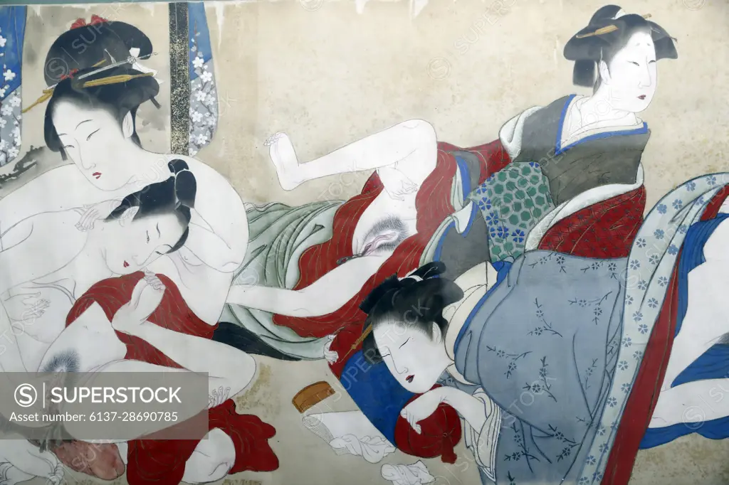 World Erotic Art Museum.  Japanese Shunga ( erotic art ) painting on paper scroll.   Setei Tsuikioka 1726-1787.  Miami, Florida, USA.