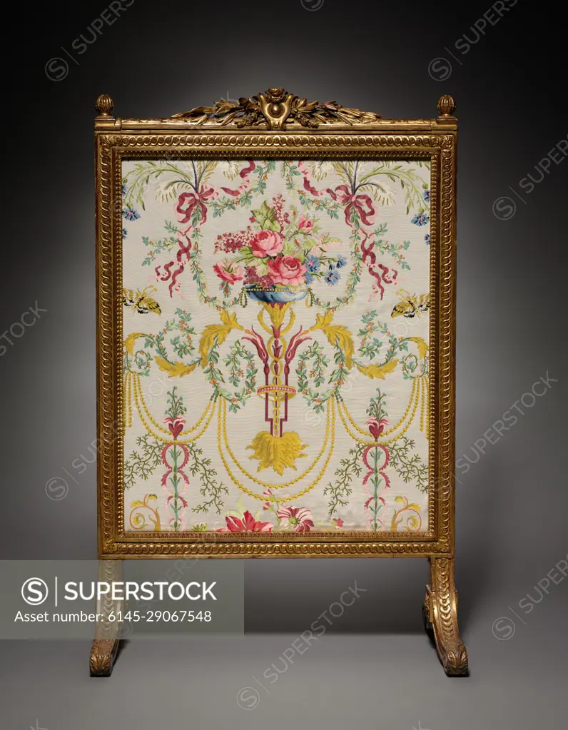 Fire Screen (Écran de Cheminée), c. 1780. Georges Jacob (French,  1739-1814). Gilt wood, upholstery; overall: 109.5 x 69.8 x 40.5 cm (43 1/8  x 27 1/2 x 15 15/16 in.). - SuperStock