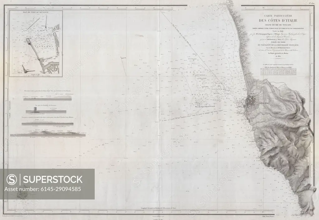 1852 Depot de la Marine Nautical Chart or Map of Livorno, Tuscany, Italy