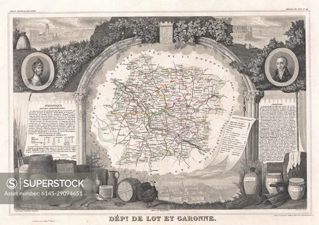 1852 Levasseur Map of the Department De Lot et Garonne, France