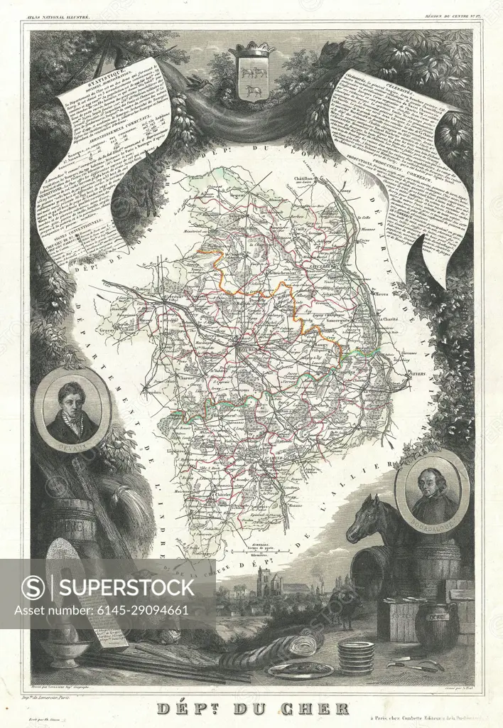 1852 Levasseur Map of the Department Du Cher, France