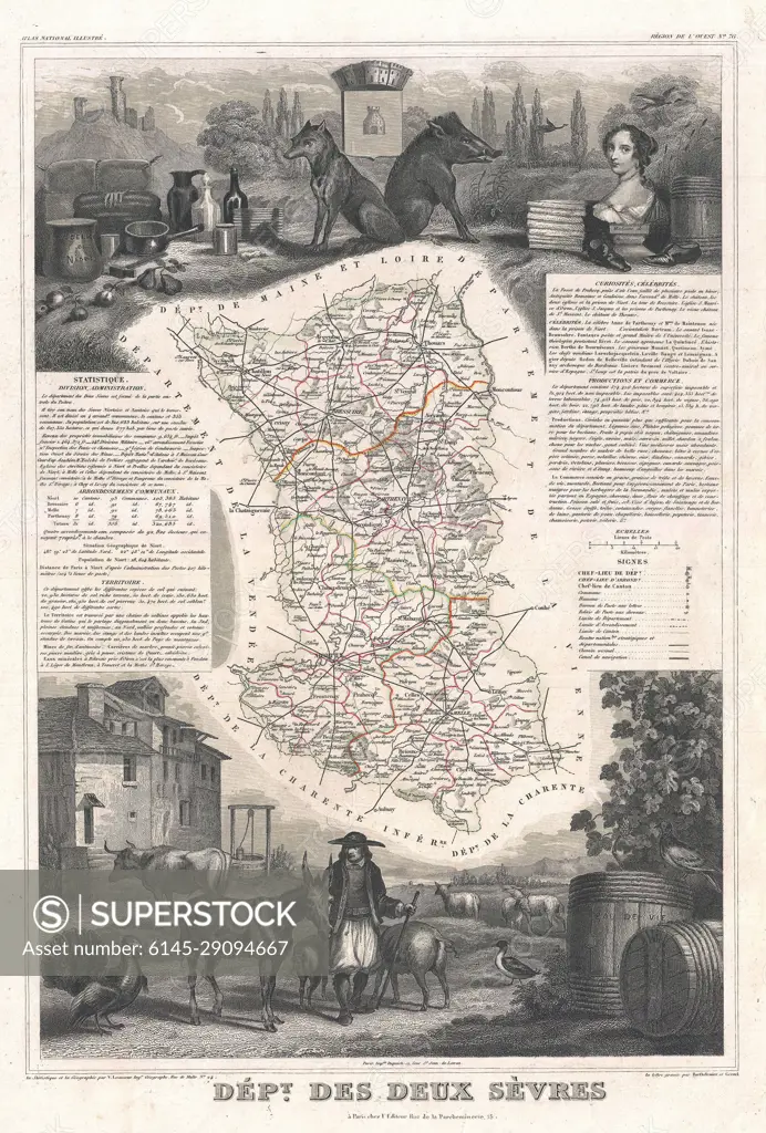 1852 Levasseur Map of the Department Des Deux Sevres, France (Chabichou Cheese Region)