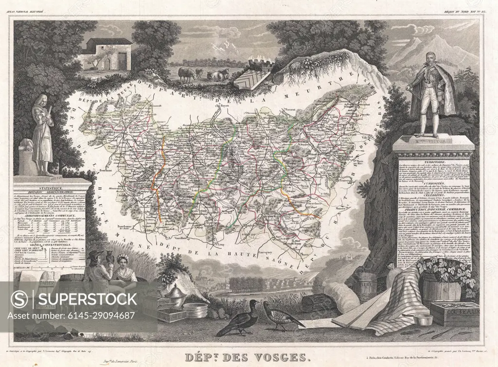 1852 Levassuer Map of the Department Des Vosges, France