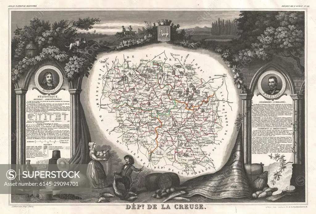 1852 Levasseur Map of the Department La Creuse, France