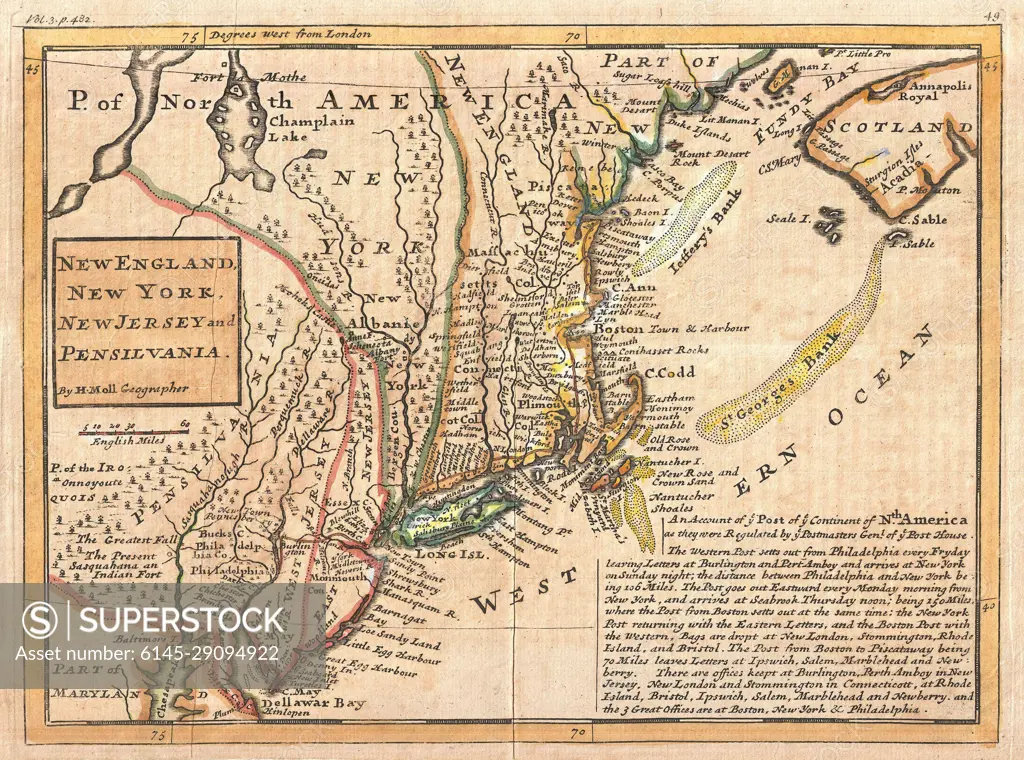 1729 Moll Map of New York, New England, and Pennsylvania (First Postal Map of New England)