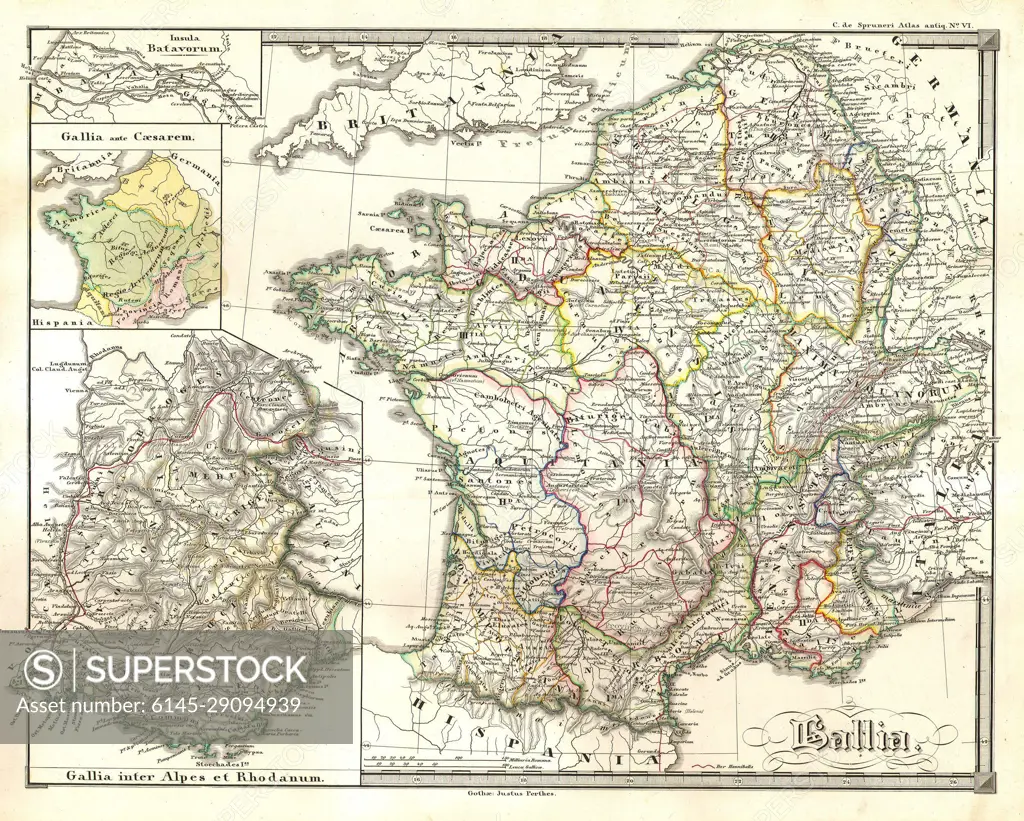 1855 Spruneri Map of France - Gaul - Gallia in Ancient Times