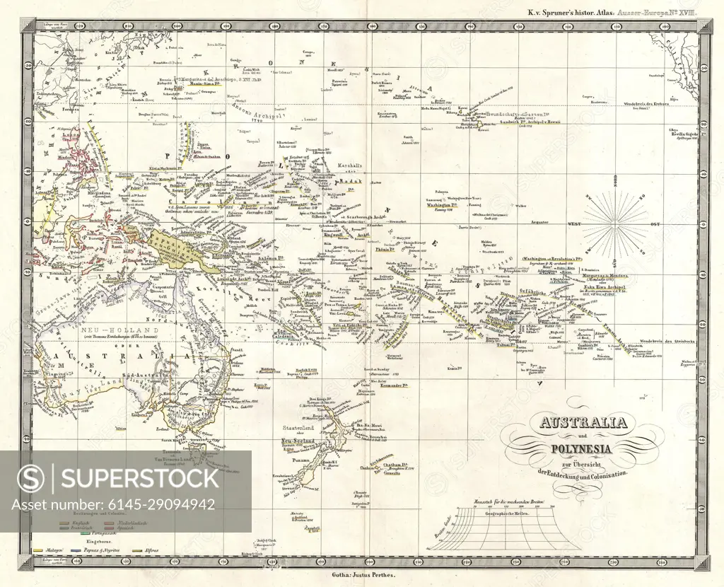 1855 Spruner Map of Australia and Polynesia with an overview of Discoveries and Colonization
