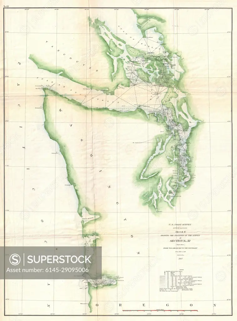 1857 U.S. Coast Survey Chart or Map of the Washington Coast, Puget Sound, Vancouver