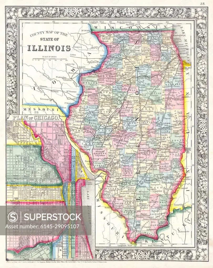 1861 Mitchell's Map of Illinois w- Chicago Inset